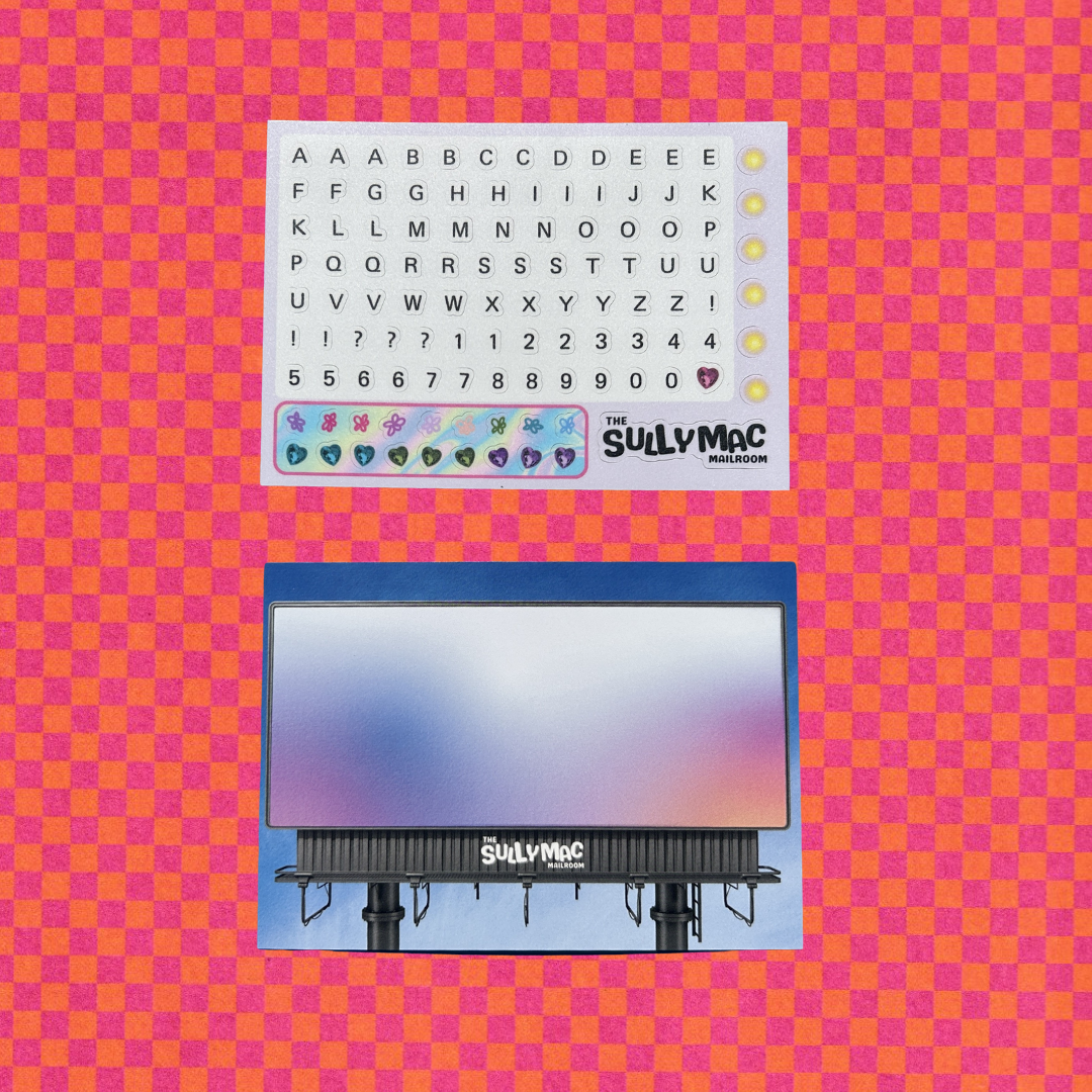 Sully Mac Mailroom postcards on a pink and orange checkered background