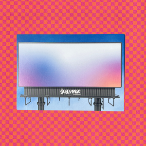 Billboard with 'Sully Mac Mailroom' branding on a pink and orange checkered background